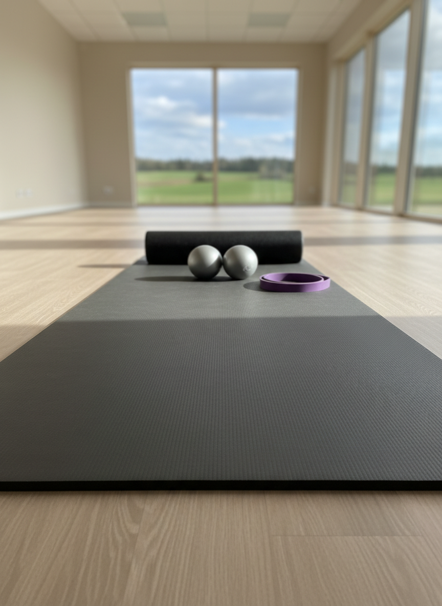 A dynamic, low-angle photographic view along the length of a graphite-colored Pilates mat, the camera placed near the floor, emphasizing the mat’s fine-grain texture and thickness. In the mid-ground, a balanced arrangement of equipment—two small inflatable Pilates balls, a foam roller, and a resistance band—rests neatly on the mat. The far background shows a bright, airy studio with pale walls and a hint of Raasiku countryside visible through large, slightly blurred windows. Natural mid-morning light floods the space, creating crisp but soft-edged shadows and a sense of energy and readiness. Photographic realism, modern and professional mood, with strong linear perspective guiding the eye along the mat.