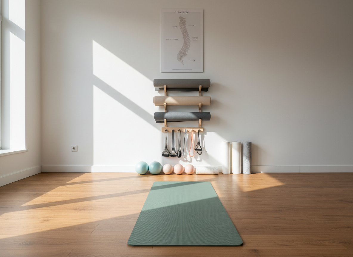 A serene corner of a Pilates studio in Raasiku, featuring a single extended mat in muted sage green centered on a warm, honey-toned wooden floor. Against the white wall, a simple rack holds rolled mats in coordinated neutral colors and a row of neatly organized small Pilates props: soft balls, resistance bands, and foam rollers. A large, minimal wall poster showing a stylized spine and alignment cues hangs above. Soft afternoon light enters from the left, casting a gentle glow and soft shadows, creating a peaceful, professional ambiance. Photographic realism, eye-level composition, and a clean, structured aesthetic that communicates mobility, strength, and better posture.