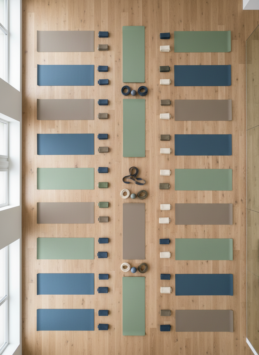 An overhead view of multiple Pilates mats arranged in precise parallel rows on a smooth, light oak floor in a bright Raasiku studio. Each mat is a different muted tone—slate blue, sage green, and warm taupe—creating a harmonious, professional color palette. Between some mats sit small Pilates balls and resistance bands neatly coiled. Diffused daylight from large side windows softly illuminates the space, eliminating harsh shadows and emphasizing order and clarity. The composition is symmetrical and balanced, with sharp focus across the frame, photographic realism, and a clean, modern atmosphere that suggests organized group mat Pilates training without any visible people.