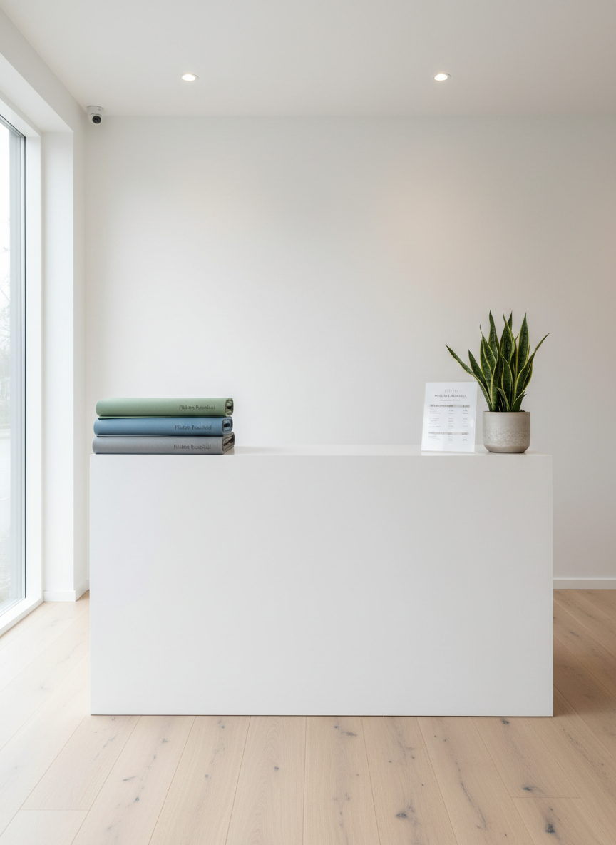 A minimalist reception area of a Pilates Raasikul studio captured in photographic realism: a simple white desk with a smooth matte surface stands on a pale wooden floor. On the desk rests a neatly stacked trio of folded branded Pilates mats in soft grey, sage, and muted blue, with a subtle “Pilates Raasikul” logo embossed near one corner. A small potted green plant in a ceramic pot and a clear acrylic stand displaying a printed class schedule complete the scene. Soft overhead and natural window light blend to create an even, welcoming illumination. Eye-level composition, clean lines, and a calm, professional atmosphere that suggests reliability and quality training.