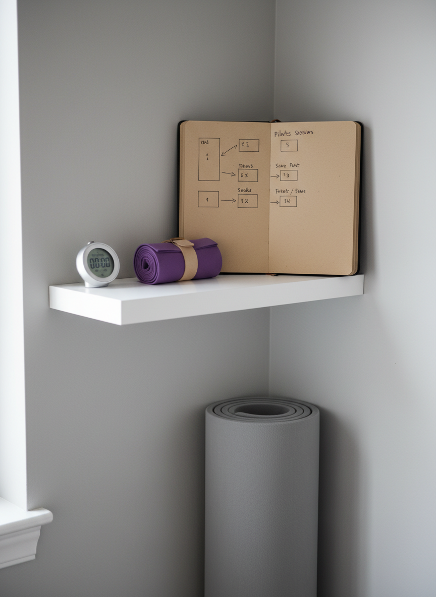 A meticulously organized Pilates instructor’s corner, with a slim, white floating shelf mounted on a soft grey wall. On the shelf lies an open kraft-paper notebook with a neatly handwritten Pilates session plan diagram, next to a timer and a rolled resistance band. Below, a single folded dove-grey mat is propped upright against the wall. Soft, indirect daylight from an unseen window creates even illumination with minimal shadows, giving the scene a professional, thoughtful mood. Photographic realism, slightly elevated angle, clean composition with ample negative space, emphasizing careful planning of mat Pilates sessions and a focus on technique and progression, without including any people.