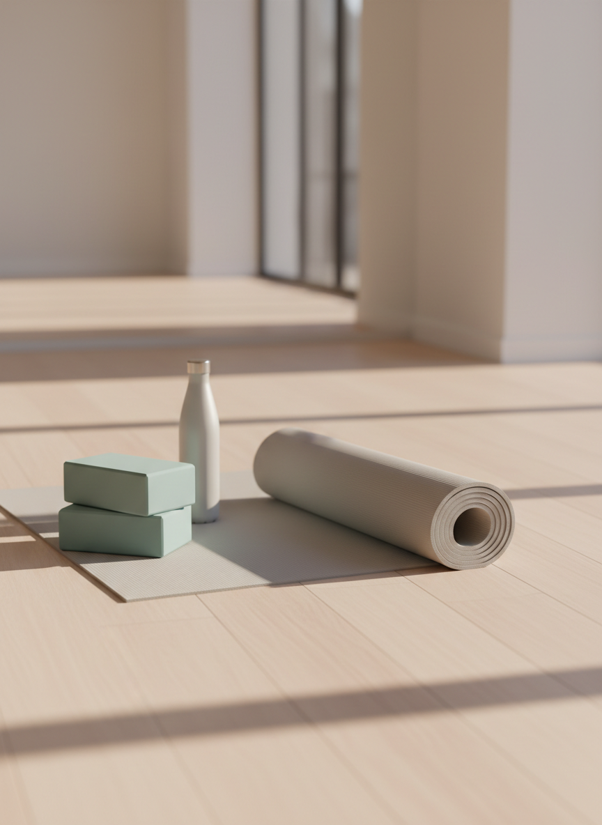 A neatly rolled light-grey Pilates mat with a subtle textured surface lies diagonally across a clean, pale wooden studio floor. Next to it rests a pair of soft foam yoga blocks in muted teal and a slim, stainless steel water bottle with a matte finish. Soft morning light filters in from an unseen window, casting gentle, elongated shadows and a calm glow over the scene. The background is softly blurred, hinting at a spacious, uncluttered studio with white walls. Photographic realism, eye-level composition with a slight angle, shallow depth of field, and a professional, minimalist aesthetic that conveys mobility, strength, and good posture without any human presence.